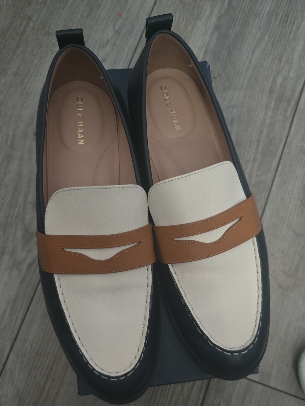 Cole Haan Tri-Tone Leather Penny Loafers - Cream, Brown & Navy
